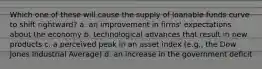 Which one of these will cause the supply of loanable funds curve to shift rightward? a. an improvement in firms' expectations about the economy b. technological advances that result in new products c. a perceived peak in an asset index (e.g., the Dow Jones Industrial Average) d. an increase in the government deficit