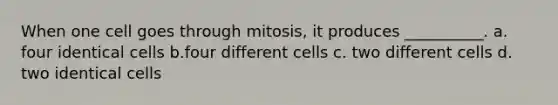 When one cell goes through mitosis, it produces __________. a. four identical cells b.four different cells c. two different cells d. two identical cells