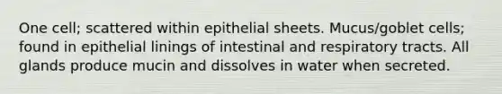 One cell; scattered within epithelial sheets. Mucus/goblet cells; found in epithelial linings of intestinal and respiratory tracts. All glands produce mucin and dissolves in water when secreted.