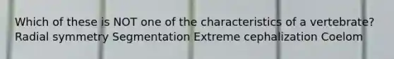 Which of these is NOT one of the characteristics of a vertebrate? Radial symmetry Segmentation Extreme cephalization Coelom