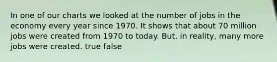 In one of our charts we looked at the number of jobs in the economy every year since 1970. It shows that about 70 million jobs were created from 1970 to today. But, in reality, many more jobs were created. true false