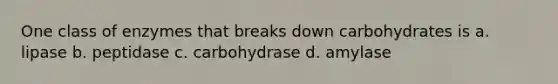 One class of enzymes that breaks down carbohydrates is a. lipase b. peptidase c. carbohydrase d. amylase