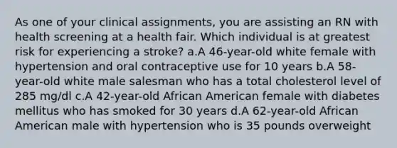 As one of your clinical assignments, you are assisting an RN with health screening at a health fair. Which individual is at greatest risk for experiencing a stroke? a.A 46-year-old white female with hypertension and oral contraceptive use for 10 years b.A 58-year-old white male salesman who has a total cholesterol level of 285 mg/dl c.A 42-year-old African American female with diabetes mellitus who has smoked for 30 years d.A 62-year-old African American male with hypertension who is 35 pounds overweight