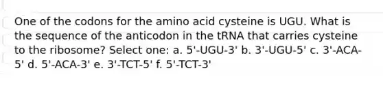 One of the codons for the amino acid cysteine is UGU. What is the sequence of the anticodon in the tRNA that carries cysteine to the ribosome? Select one: a. 5'-UGU-3' b. 3'-UGU-5' c. 3'-ACA-5' d. 5'-ACA-3' e. 3'-TCT-5' f. 5'-TCT-3'