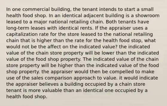 In one commercial building, the tenant intends to start a small health food shop. In an identical adjacent building is a showroom leased to a major national retailing chain. Both tenants have long-term leases with identical rents. If the appraiser uses a capitalization rate for the store leased to the national retailing chain that is higher than the rate for the health food stop, what would not be the affect on the indicated value? the indicated value of the chain store property will be lower than the indicated value of the food shop property. The indicated value of the chain store property will be higher than the indicated value of the food shop property. the appraiser would then be compelled to make use of the sales comparison approach to value. it would indicate the appraiser believes a building occupied by a chain store tenant is more valuable than an identical one occupied by a health food shop.