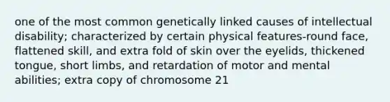 one of the most common genetically linked causes of intellectual disability; characterized by certain physical features-round face, flattened skill, and extra fold of skin over the eyelids, thickened tongue, short limbs, and retardation of motor and mental abilities; extra copy of chromosome 21