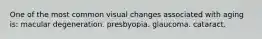 One of the most common visual changes associated with aging is: macular degeneration. presbyopia. glaucoma. cataract.