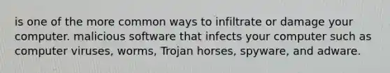 is one of the more common ways to infiltrate or damage your computer. malicious software that infects your computer such as computer viruses, worms, Trojan horses, spyware, and adware.