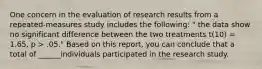 One concern in the evaluation of research results from a repeated-measures study includes the following: " the data show no significant difference between the two treatments t(10) = 1.65, p > .05." Based on this report, you can conclude that a total of ______individuals participated in the research study.