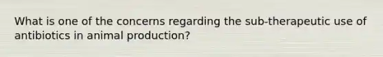 What is one of the concerns regarding the sub-therapeutic use of antibiotics in animal production?