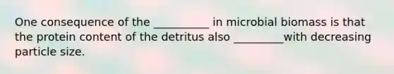 One consequence of the __________ in microbial biomass is that the protein content of the detritus also _________with decreasing particle size.