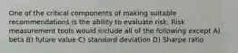 One of the critical components of making suitable recommendations is the ability to evaluate risk. Risk measurement tools would include all of the following except A) beta B) future value C) standard deviation D) Sharpe ratio