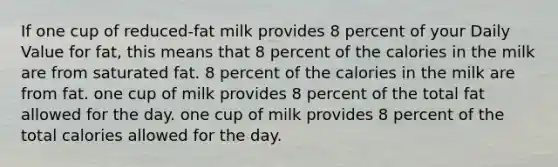 If one cup of reduced-fat milk provides 8 percent of your Daily Value for fat, this means that 8 percent of the calories in the milk are from saturated fat. 8 percent of the calories in the milk are from fat. one cup of milk provides 8 percent of the total fat allowed for the day. one cup of milk provides 8 percent of the total calories allowed for the day.