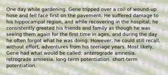 One day while gardening, Gene tripped over a coil of wound-up hose and fell face first on the pavement. He suffered damage to his hippocampal region, and while recovering in the hospital, he consistently greeted his friends and family as though he was seeing them again for the first time in ages, and during the day he often forgot what he was doing. However, he could still recall, without effort, adventures from his teenage years. Most likely, Gene had what would be called: anterograde amnesia. retrograde amnesia. long-term potentiation. short-term potentiation.