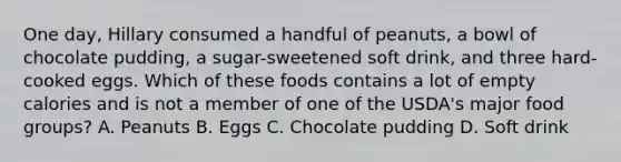 One day, Hillary consumed a handful of peanuts, a bowl of chocolate pudding, a sugar-sweetened soft drink, and three hard-cooked eggs. Which of these foods contains a lot of empty calories and is not a member of one of the USDA's major food groups? A. Peanuts B. Eggs C. Chocolate pudding D. Soft drink