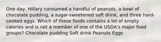 One day, Hillary consumed a handful of peanuts, a bowl of chocolate pudding, a sugar-sweetened soft drink, and three hard-cooked eggs. Which of these foods contains a lot of empty calories and is not a member of one of the USDA's major food groups? Chocolate pudding Soft drink Peanuts Eggs