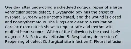 One day after undergoing a scheduled surgical repair of a large ventricular septal defect, a 1-year-old boy has the onset of dyspnea. Surgery was uncomplicated, and the wound is closed and nonerythematous. The lungs are clear to auscultation. Cardiac examination shows a regular rate and rhythm with muffled heart sounds. Which of the following is the most likely diagnosis? A. Pericardial effusion B. Respiratory depression C. Reopening of defect D. Surgical site infection E. Pleural effusion