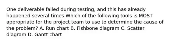 One deliverable failed during testing, and this has already happened several times.Which of the following tools is MOST appropriate for the project team to use to determine the cause of the problem? A. Run chart B. Fishbone diagram C. Scatter diagram D. Gantt chart