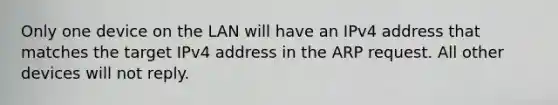 Only one device on the LAN will have an IPv4 address that matches the target IPv4 address in the ARP request. All other devices will not reply.