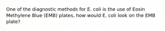 One of the diagnostic methods for E. coli is the use of Eosin Methylene Blue (EMB) plates, how would E. coli look on the EMB plate?