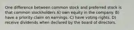 One difference between common stock and preferred stock is that common stockholders A) own equity in the company. B) have a priority claim on earnings. C) have voting rights. D) receive dividends when declared by the board of directors.