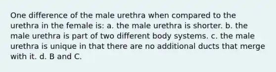 One difference of the male urethra when compared to the urethra in the female is: a. the male urethra is shorter. b. the male urethra is part of two different body systems. c. the male urethra is unique in that there are no additional ducts that merge with it. d. B and C.