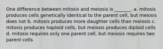 One difference between mitosis and meiosis is _______. a. mitosis produces cells genetically identical to the parent cell, but meiosis does not b. mitosis produces more daughter cells than meiosis c. mitosis produces haploid cells, but meiosis produces diploid cells d. mitosis requires only one parent cell, but meiosis requires two parent cells