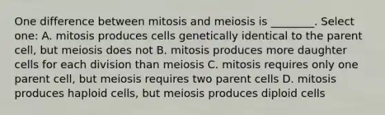 One difference between mitosis and meiosis is ________. Select one: A. mitosis produces cells genetically identical to the parent cell, but meiosis does not B. mitosis produces more daughter cells for each division than meiosis C. mitosis requires only one parent cell, but meiosis requires two parent cells D. mitosis produces haploid cells, but meiosis produces diploid cells