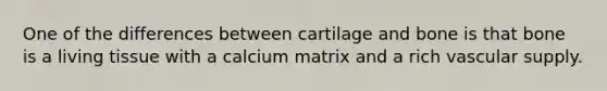 One of the differences between cartilage and bone is that bone is a living tissue with a calcium matrix and a rich vascular supply.