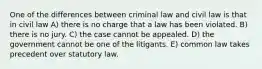 One of the differences between criminal law and civil law is that in civil law A) there is no charge that a law has been violated. B) there is no jury. C) the case cannot be appealed. D) the government cannot be one of the litigants. E) common law takes precedent over statutory law.