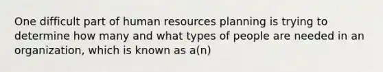 One difficult part of human resources planning is trying to determine how many and what types of people are needed in an organization, which is known as a(n)