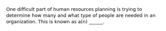 One difficult part of human resources planning is trying to determine how many and what type of people are needed in an organization. This is known as a(n) ______.