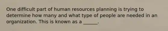 One difficult part of human resources planning is trying to determine how many and what type of people are needed in an organization. This is known as a ______.