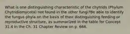 What is one distinguishing characteristic of the chytrids (Phylum Chytridiomycota) not found in the other fungi?Be able to identify the fungus phyla on the basis of their distinguishing feeding or reproductive structure, as summarized in the table for Concept 31.4 in the Ch. 31 Chapter Review on p. 666.