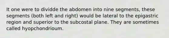 It one were to dividde the abdomen into nine segments, these segments (both left and right) would be lateral to the epigastric region and superior to the subcostal plane. They are sometimes called hyopchondrioum.