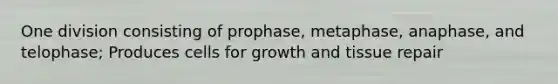 One division consisting of prophase, metaphase, anaphase, and telophase; Produces cells for growth and tissue repair