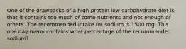 One of the drawbacks of a high protein low carbohydrate diet is that it contains too much of some nutrients and not enough of others. The recommended intake for sodium is 1500 mg. This one day menu contains what percentage of the recommended sodium?