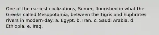 One of the earliest civilizations, Sumer, flourished in what the Greeks called Mesopotamia, between the Tigris and Euphrates rivers in modern-day: a. Egypt. b. Iran. c. Saudi Arabia. d. Ethiopia. e. Iraq.