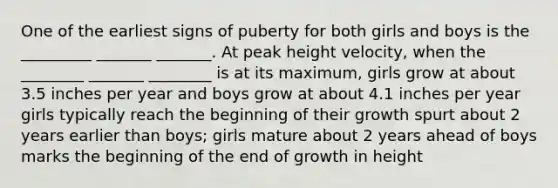 One of the earliest signs of puberty for both girls and boys is the _________ _______ _______. At peak height velocity, when the ________ _______ ________ is at its maximum, girls grow at about 3.5 inches per year and boys grow at about 4.1 inches per year girls typically reach the beginning of their growth spurt about 2 years earlier than boys; girls mature about 2 years ahead of boys marks the beginning of the end of growth in height