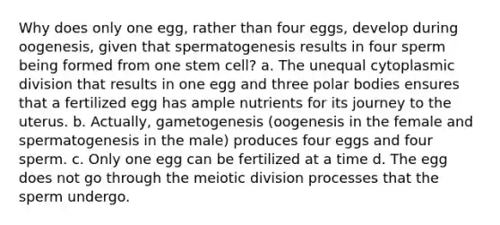 Why does only one egg, rather than four eggs, develop during oogenesis, given that spermatogenesis results in four sperm being formed from one stem cell? a. The unequal cytoplasmic division that results in one egg and three polar bodies ensures that a fertilized egg has ample nutrients for its journey to the uterus. b. Actually, gametogenesis (oogenesis in the female and spermatogenesis in the male) produces four eggs and four sperm. c. Only one egg can be fertilized at a time d. The egg does not go through the meiotic division processes that the sperm undergo.