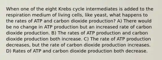 When one of the eight Krebs cycle intermediates is added to the respiration medium of living cells, like yeast, what happens to the rates of ATP and carbon dioxide production? A) There would be no change in ATP production but an increased rate of carbon dioxide production. B) The rates of ATP production and carbon dioxide production both increase. C) The rate of ATP production decreases, but the rate of carbon dioxide production increases. D) Rates of ATP and carbon dioxide production both decrease.