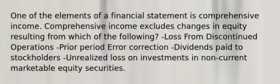 One of the elements of a financial statement is comprehensive income. Comprehensive income excludes changes in equity resulting from which of the following? -Loss From Discontinued Operations -Prior period Error correction -Dividends paid to stockholders -Unrealized loss on investments in non-current marketable equity securities.