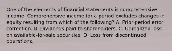 One of the elements of financial statements is comprehensive income. Comprehensive income for a period excludes changes in equity resulting from which of the following? A. Prior-period error correction. B. Dividends paid to shareholders. C. Unrealized loss on available-for-sale securities. D. Loss from discontinued operations.