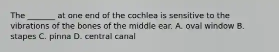 The _______ at one end of the cochlea is sensitive to the vibrations of the bones of the middle ear. A. oval window B. stapes C. pinna D. central canal