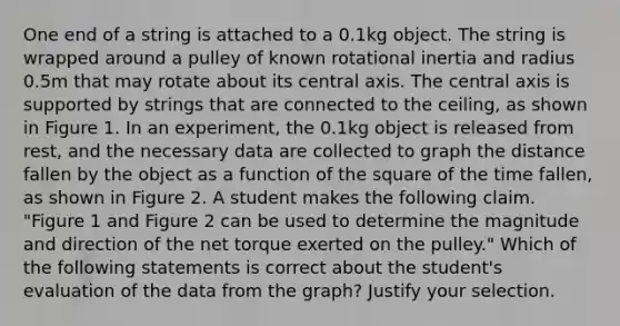 One end of a string is attached to a 0.1kg object. The string is wrapped around a pulley of known rotational inertia and radius 0.5m that may rotate about its central axis. The central axis is supported by strings that are connected to the ceiling, as shown in Figure 1. In an experiment, the 0.1kg object is released from rest, and the necessary data are collected to graph the distance fallen by the object as a function of the square of the time fallen, as shown in Figure 2. A student makes the following claim. "Figure 1 and Figure 2 can be used to determine the magnitude and direction of the net torque exerted on the pulley." Which of the following statements is correct about the student's evaluation of the data from the graph? Justify your selection.