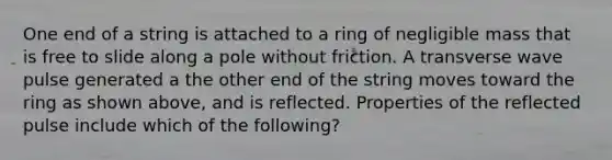 One end of a string is attached to a ring of negligible mass that is free to slide along a pole without friction. A transverse wave pulse generated a the other end of the string moves toward the ring as shown above, and is reflected. Properties of the reflected pulse include which of the following?