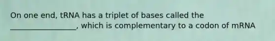 On one end, tRNA has a triplet of bases called the _________________, which is complementary to a codon of mRNA