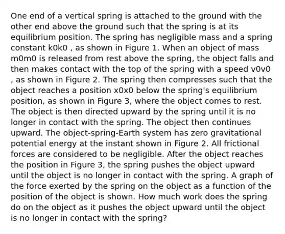 One end of a vertical spring is attached to the ground with the other end above the ground such that the spring is at its equilibrium position. The spring has negligible mass and a spring constant k0k0 , as shown in Figure 1. When an object of mass m0m0 is released from rest above the spring, the object falls and then makes contact with the top of the spring with a speed v0v0 , as shown in Figure 2. The spring then compresses such that the object reaches a position x0x0 below the spring's equilibrium position, as shown in Figure 3, where the object comes to rest. The object is then directed upward by the spring until it is no longer in contact with the spring. The object then continues upward. The object-spring-Earth system has zero gravitational potential energy at the instant shown in Figure 2. All frictional forces are considered to be negligible. After the object reaches the position in Figure 3, the spring pushes the object upward until the object is no longer in contact with the spring. A graph of the force exerted by the spring on the object as a function of the position of the object is shown. How much work does the spring do on the object as it pushes the object upward until the object is no longer in contact with the spring?