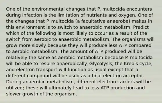 One of the environmental changes that P. multocida encounters during infection is the limitation of nutrients and oxygen. One of the changes that P. multocida (a facultative anaerobe) makes in this environment is to switch to anaerobic metabolism. Predict which of the following is most likely to occur as a result of the switch from aerobic to anaerobic metabolism. The organisms will grow more slowly because they will produce less ATP compared to aerobic metabolism. The amount of ATP produced will be relatively the same as aerobic metabolism because P. multocida will be able to respire anaerobically. Glycolysis, the Kreb's cycle, and electron transport will function as usual except that a different compound will be used as a final electron acceptor. During anaerobic metabolism, different electron carriers will be utilized; these will ultimately lead to less ATP production and slower growth of the organism.