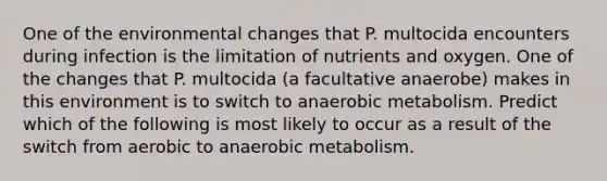 One of the environmental changes that P. multocida encounters during infection is the limitation of nutrients and oxygen. One of the changes that P. multocida (a facultative anaerobe) makes in this environment is to switch to anaerobic metabolism. Predict which of the following is most likely to occur as a result of the switch from aerobic to anaerobic metabolism.